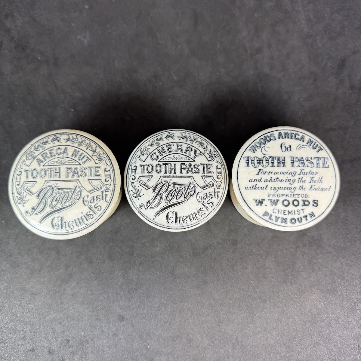 3 Pot Lids: 2 x Boots Cash Chemists - Areca Nut and Cherry Tooth Paste; Woods Areca Nut Tooth Paste 6d size. All with roughly fitting bases.