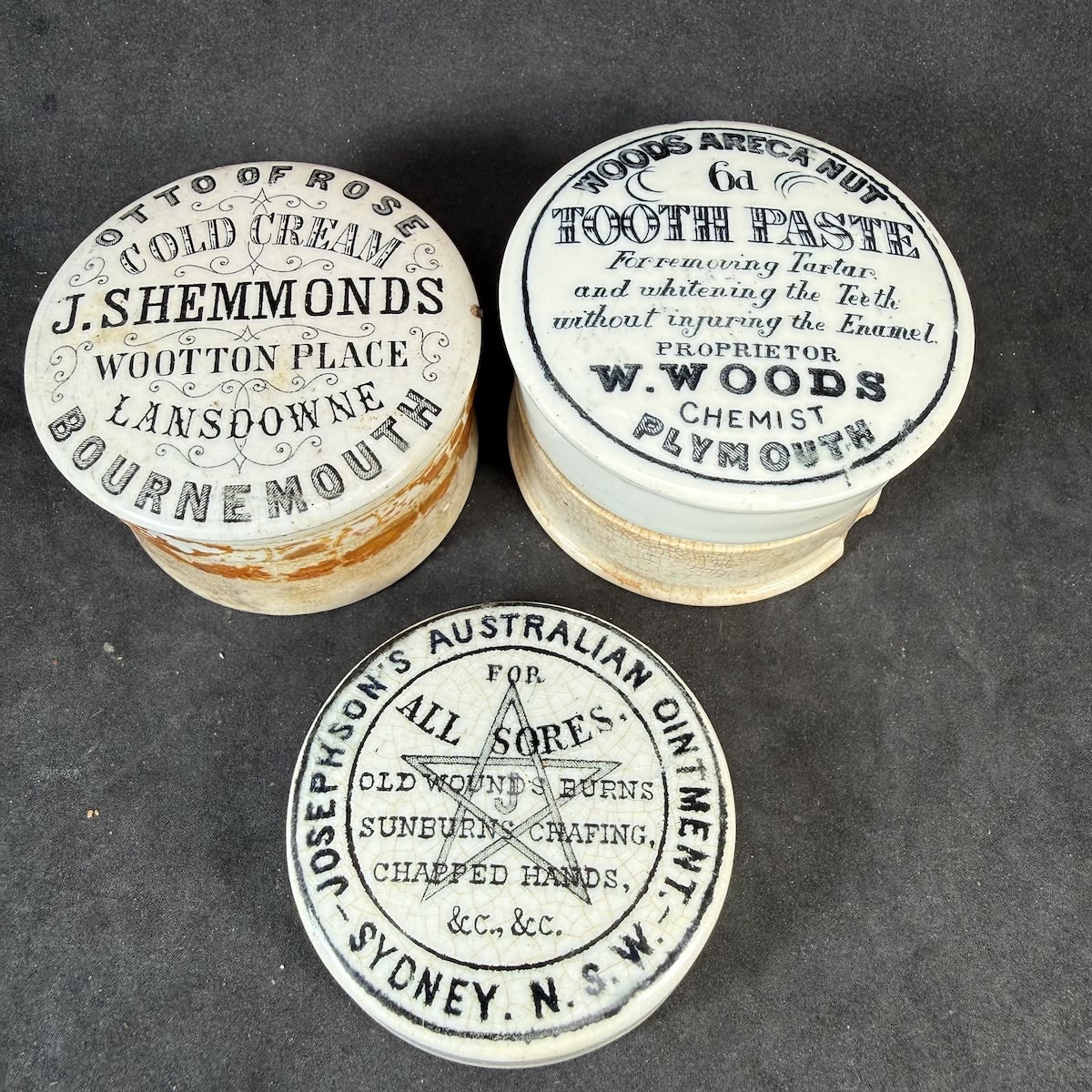 3 Pot Lids: J. Shemmonds Bournemouth; Woods Areca Nut Tooth Paste; Josephson's Australian Ointment. FIrst two have fitting bases.