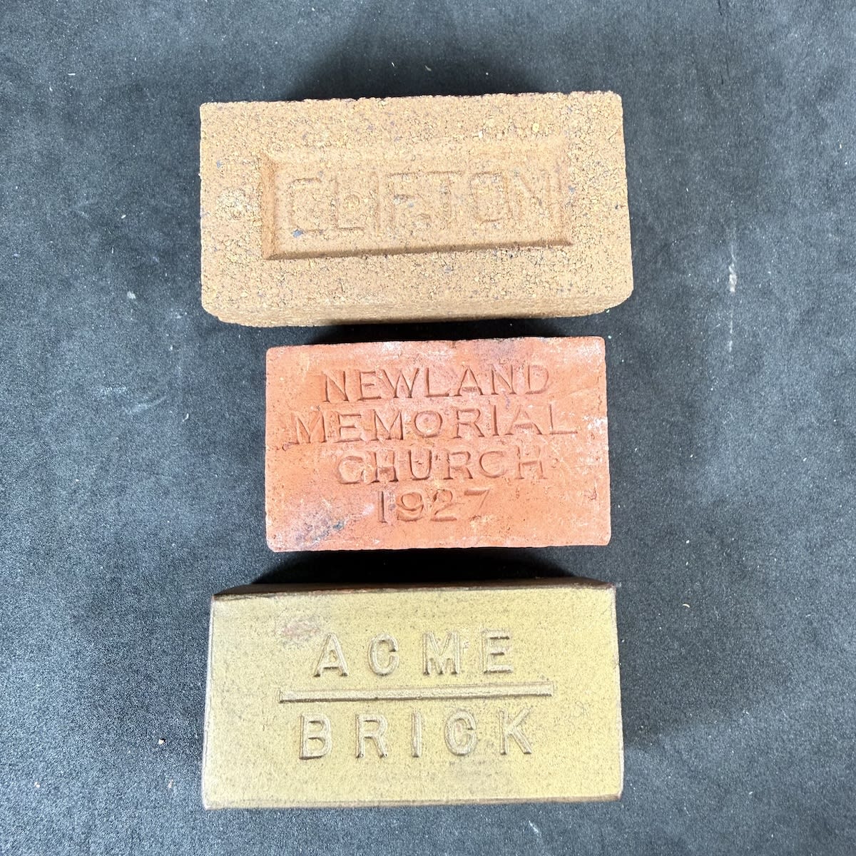 3 Small Bricks: Clifton; Newland Memorial Church 1927; Acme Brick.