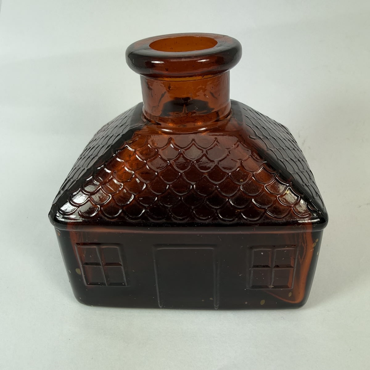 Cabin Ink. Amber glass figural ink. Japan on base. About 2 oz. 1970s reproduction or fantasy item.