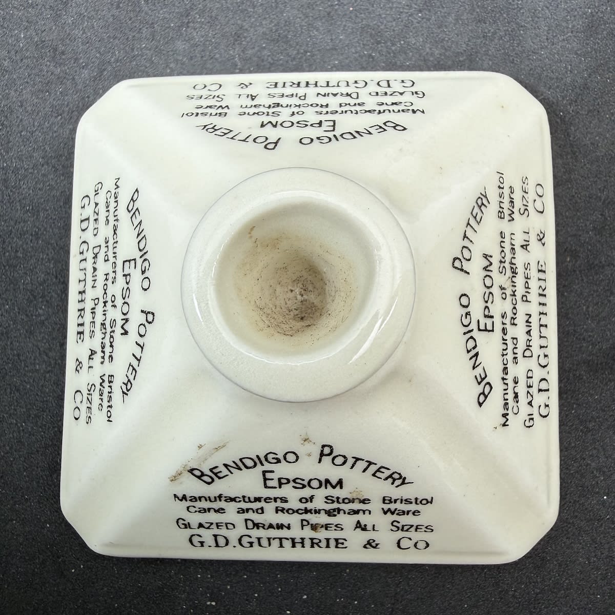 Sample sized reproduction inkwell/match striker. Bendigo Pottery Epsom. G. D. Guthrie & Co. Removable centre inkwell. (Victoria)