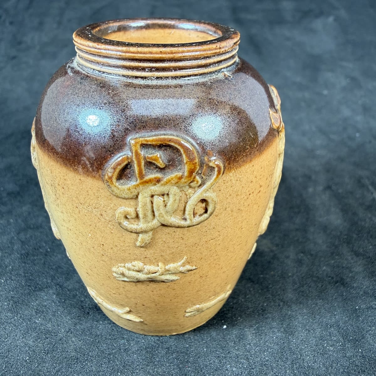 Mini sized mustard pot. Harvestware. Doulton Lambeth. S & P Monogram as part of the decoration (Spiers & Pond).