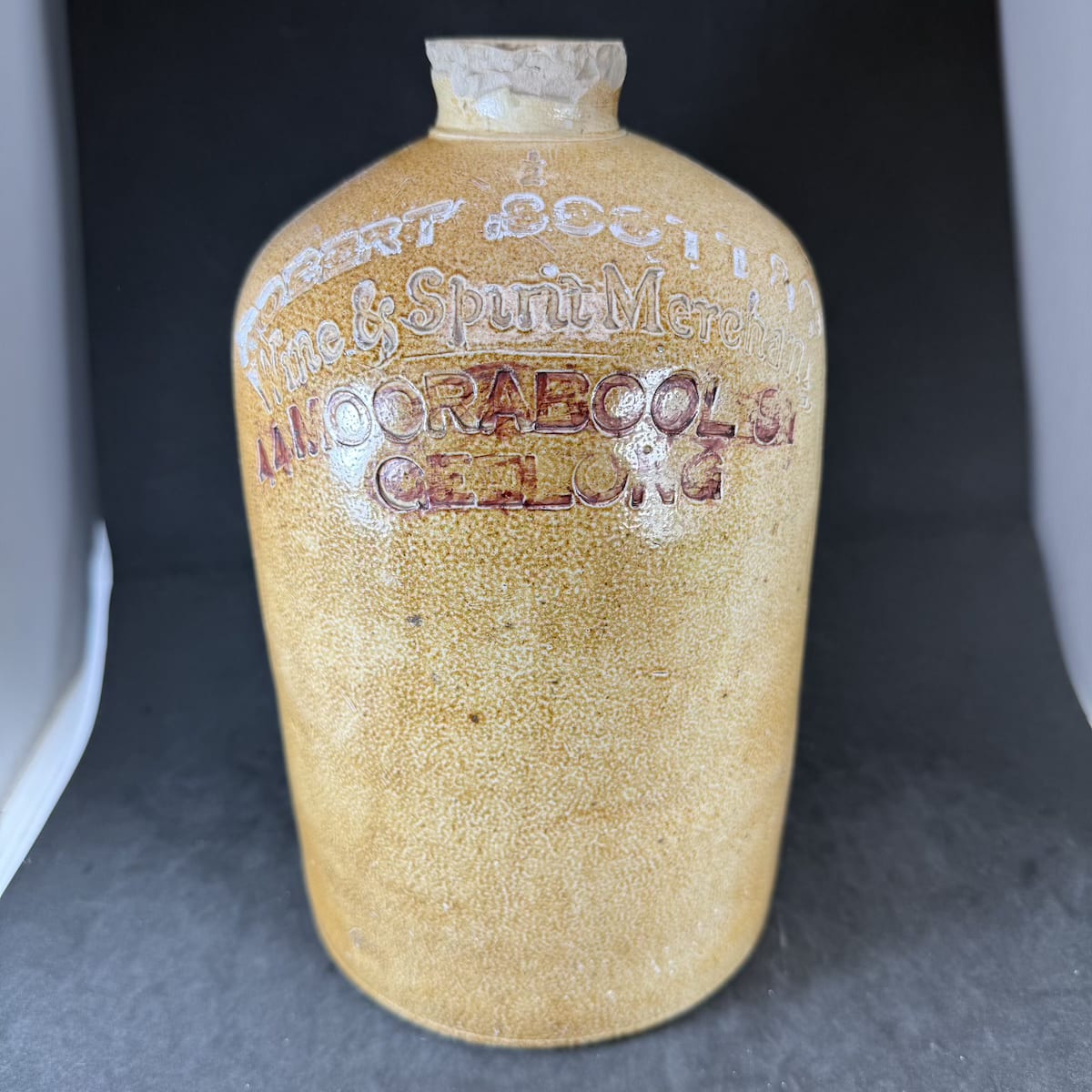 Demijohn. Robert Scott & Co Wine & Spirit Merchant 44 Moorabool St., Geelong. Half Gallon. Salt Glazed. Impressed. (Victoria)