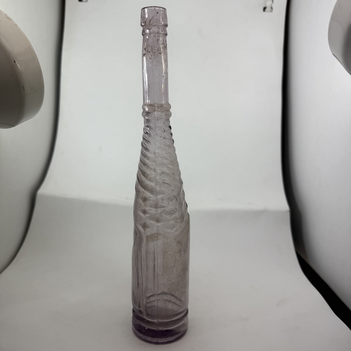 Whirly Salad Oil. Half Whirley pattern. M base mark. Sun Coloured Amethyst. 10 oz.