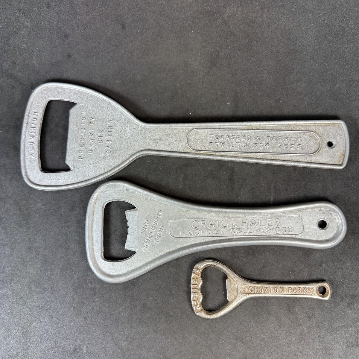 3 Advertising Crown Seal Bottle Openers: Townsend & Parker Pty Ltd; Craig & Hales Gold St., Collingwood; Croxton Park Hotel. (Victoria)