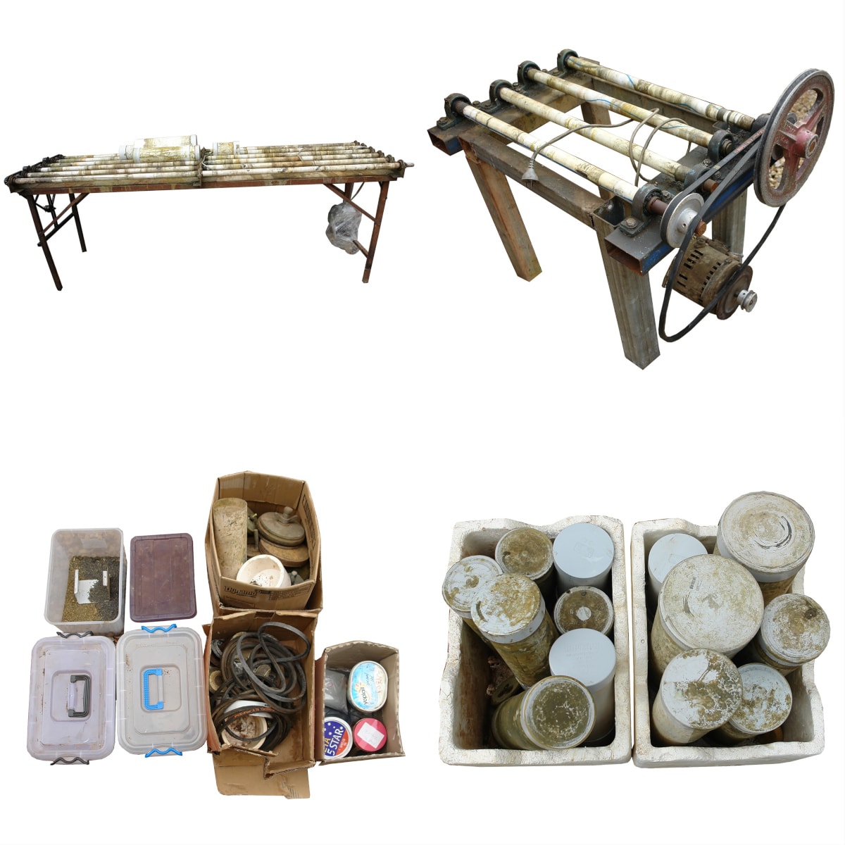 2 x Polishing Machines, plus more. GIANT Industrial sized machine, nearly 2.5 metres long! PLUS a standard four roller polishing machine. Canisters, Endpieces, Polishing compounds, Tubs of cut copper (72kgs in total). STRICTLY NOT FOR POST. WINNING BIDDER WILL HAVE TO MAKE ARRANGEMENTS FOR COLLECTION! LARGE TRAILER will be needed!
