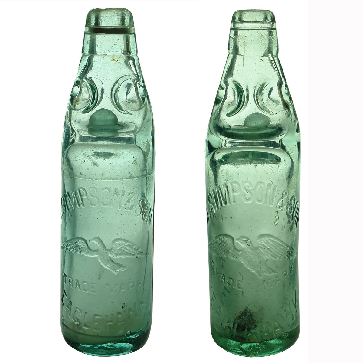 2 Codds. A. Simpson & Son, Eaglehawk. Lemonade Spun top and no back embossing Applied top. Eagle Hawk. Aqua. 10 oz. (Victoria)