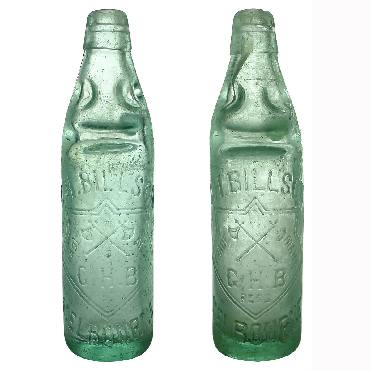 2 Codds. G. H. Billson, Melbourne. Crossed Hatchets. Dobson. 10 oz. 1905 & 1908. MGB Co & MGBW Co. (Victoria)