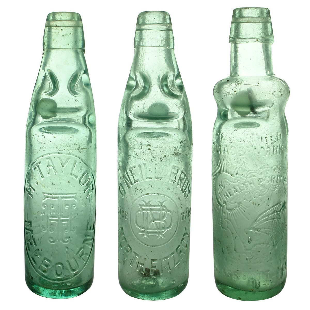 3 Codds: H. Taylor, Melbourne; O'Neill Bros, North Fitzroy; Thos Trood & Co., Melbourne. 10 oz. (Victoria)