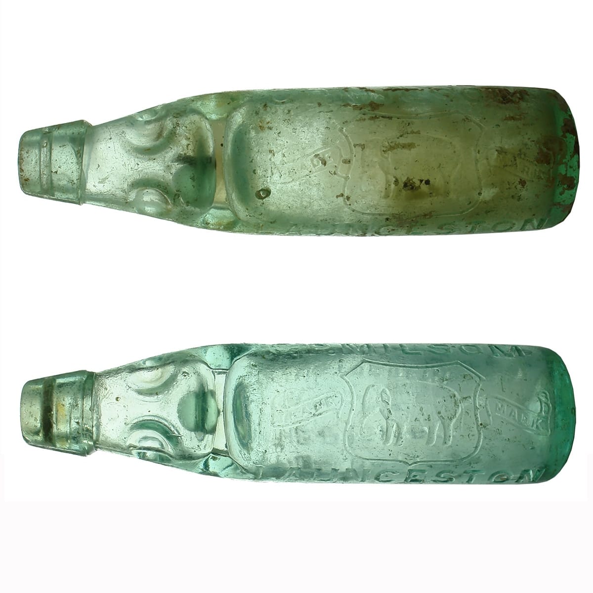 2 Codds. G. P. Milsom, Launceston. Pinnacle at heel. Dobson. Aqua. 10 oz. (Tasmania)