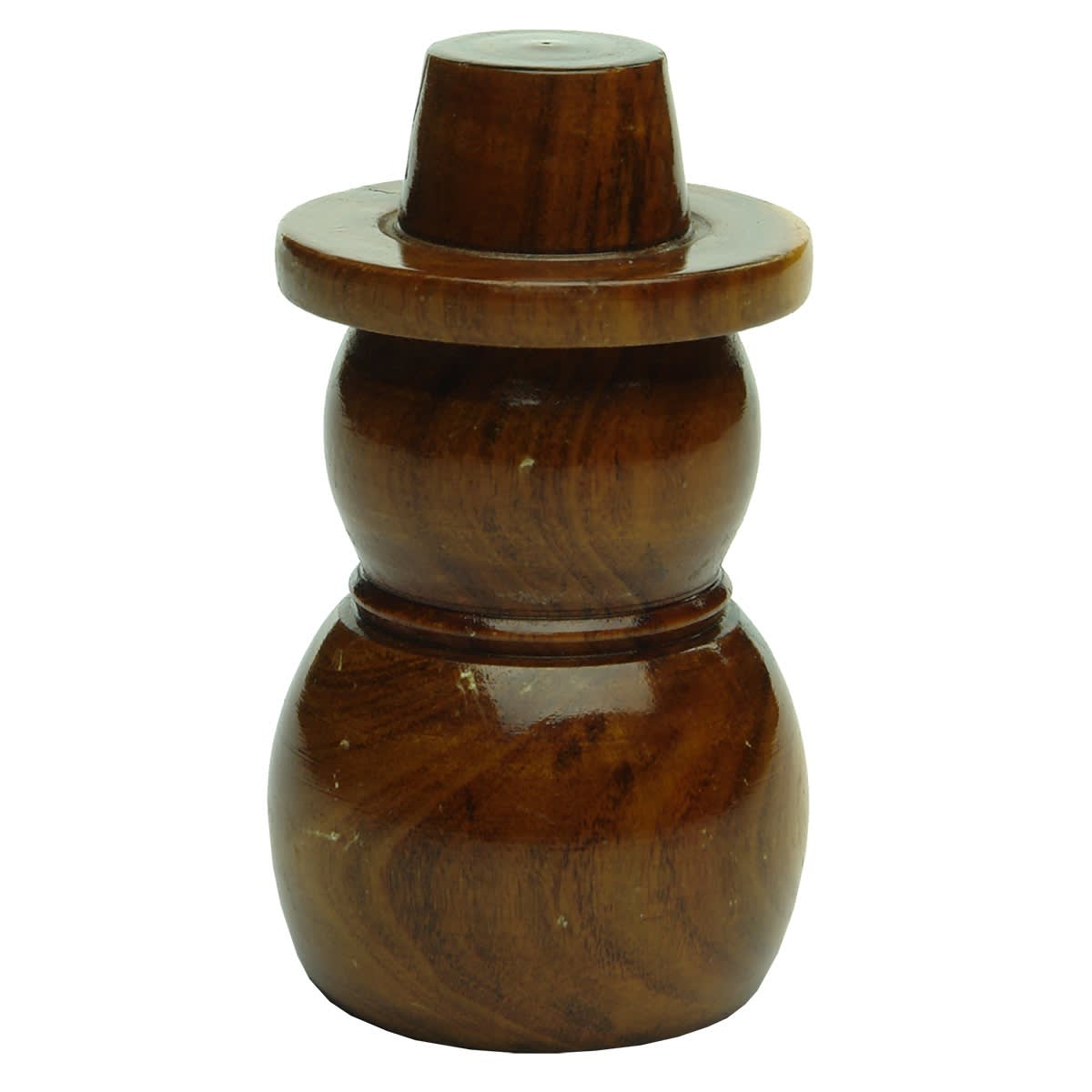 Bottle Opener. Little turned/polished wood figure of a man with a wide brimmed hat. Metal crown seal opener in the base.
