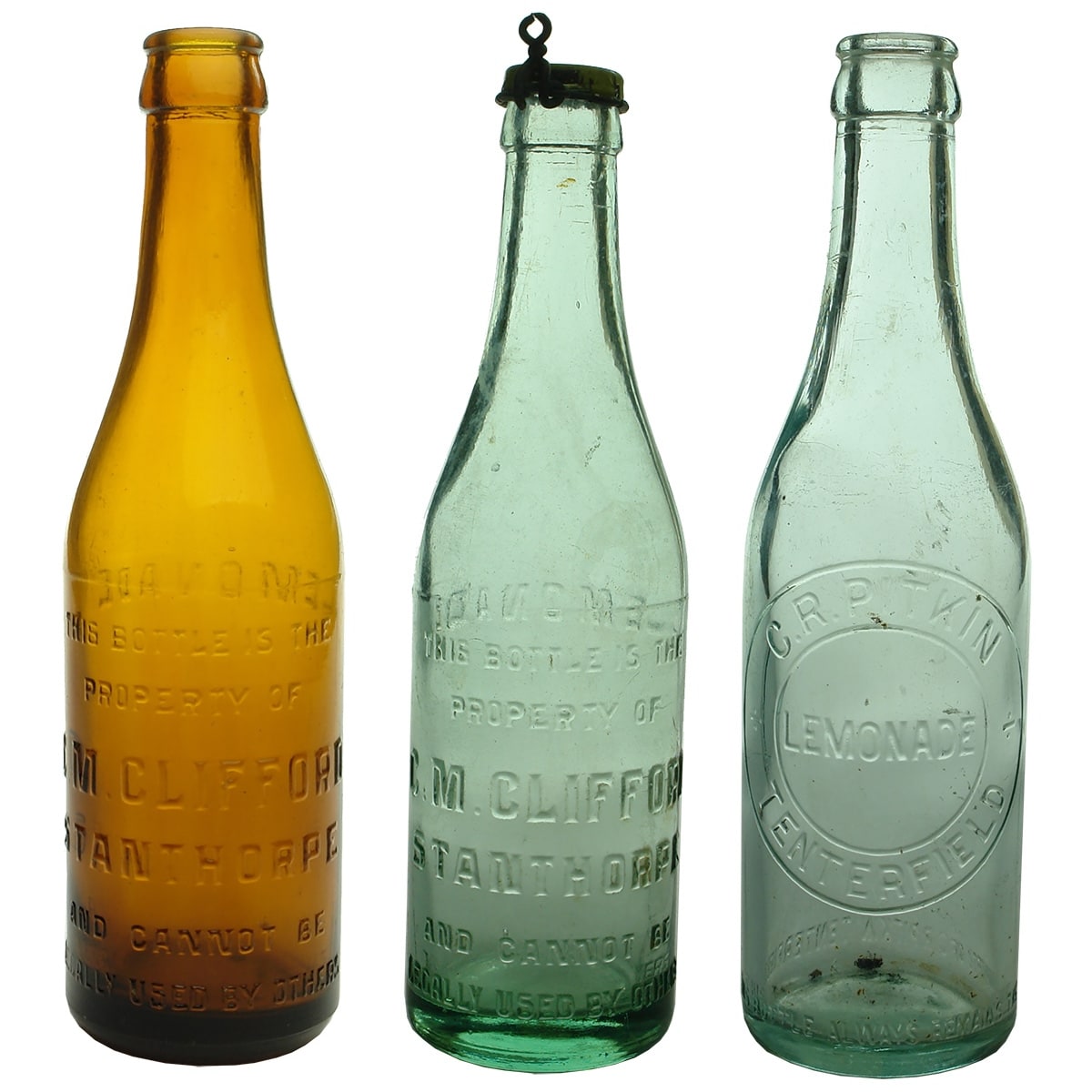 3 10 oz Crown Seals: Amber & Aqua C. M. Clifford, Stanthorpe; C. R. Pitkin, Tenterfield. (Queensland & New South Wales)