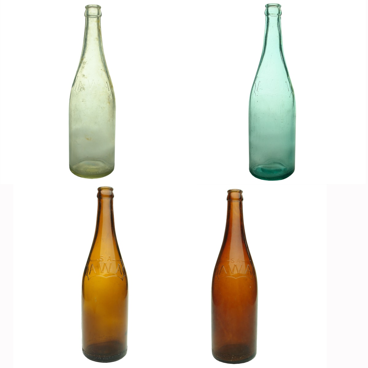 4 large SA AWA Crown Seals: Clear, Aqua & Amber plus second amber that has Balloon Brand embossed on the back. 26 oz. (South Australia)