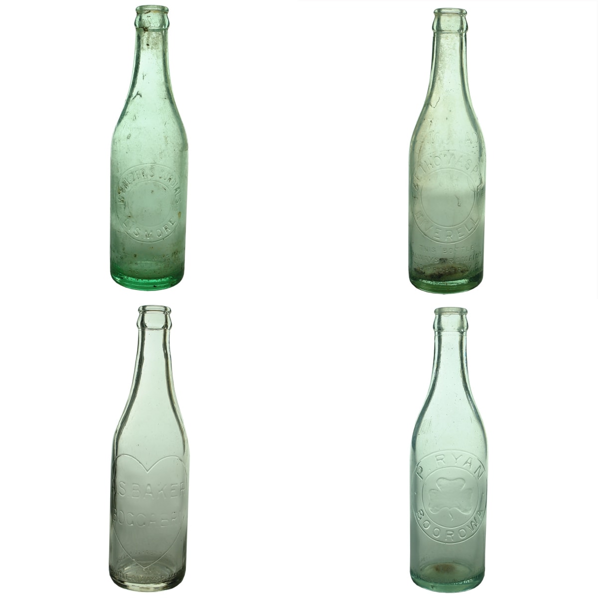 4 10 oz Crown Seals: Balzer's Cordials, Lismore; F. & E. Thomas Pty Ltd Inverell; A. S. Baker, Boggabri; P. Ryan, Boorowa. (New South Wales)