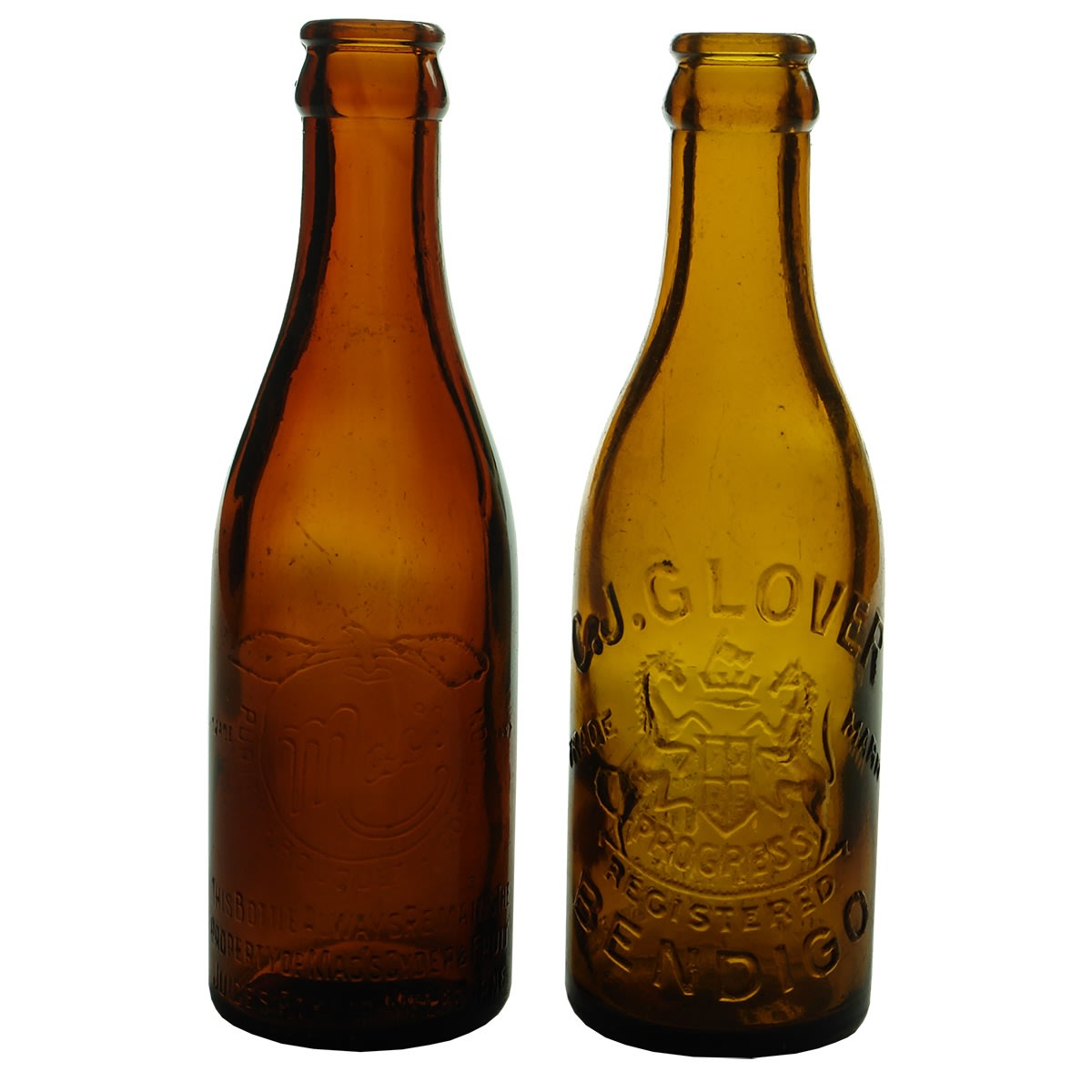 2 Small Amber Crown Seals: C. J. Glover, Bendigo; Mac's Cyder & Fruit Juices Pty Ltd Melbourne. (Victoria)