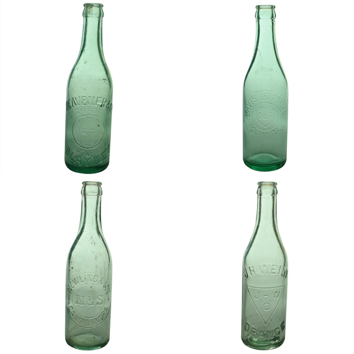 4 10 oz Crown Seals: Heavener & Co., Blayney; Davis & Potter, Orange; Newling & Son, Canowindra; J. H. Weily, Orange. (New South Wales)