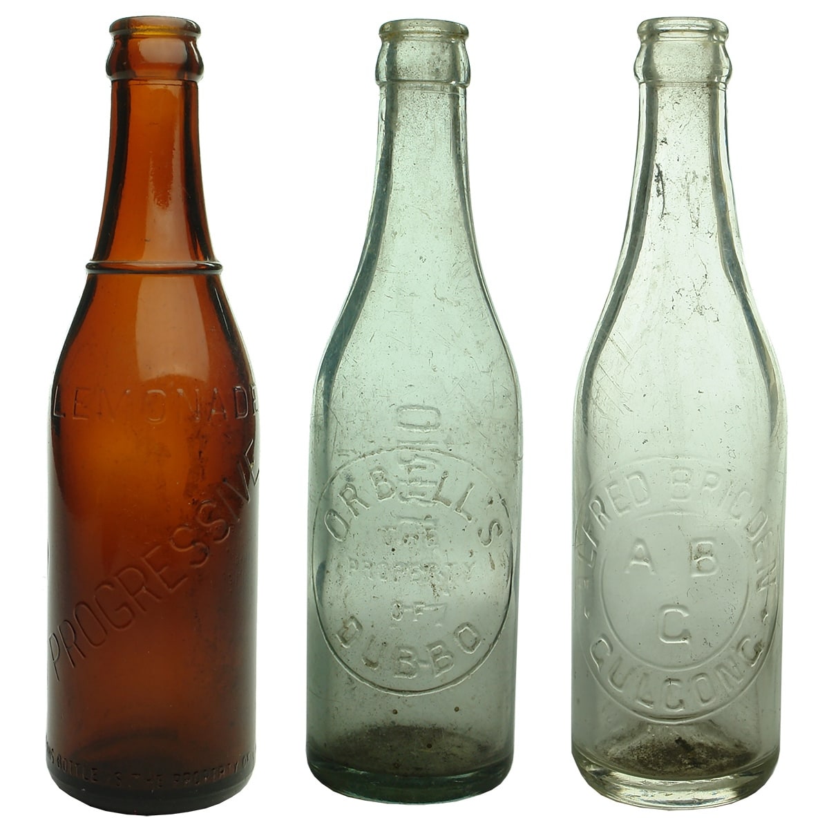 3 10 oz Crown Seals: J. & E. Cushan, Progressive, Gunnedah. Amber; Orbell's, Dubbo; Alfred Brigden, Gulgong. (New South Wales)