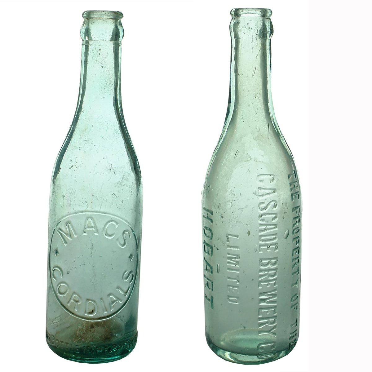2 Crown Seals. Macs Cordials, J. Underwood, Hobart. Machine made; The Cascade Brewery Co Limited Hobart, spun top. 10 oz. (Tasmania)