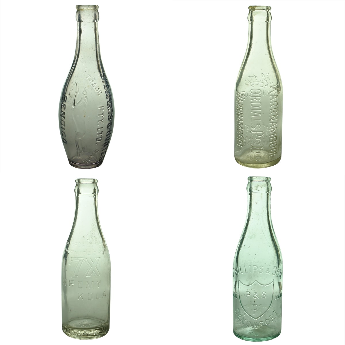 4 Small Crown Seals: Stewards & Hunters, Bendigo skittle; Warrnambool Cordials Pty Ltd; Kremy Kola, South Melbourne; Phillips & Son, Devonport.