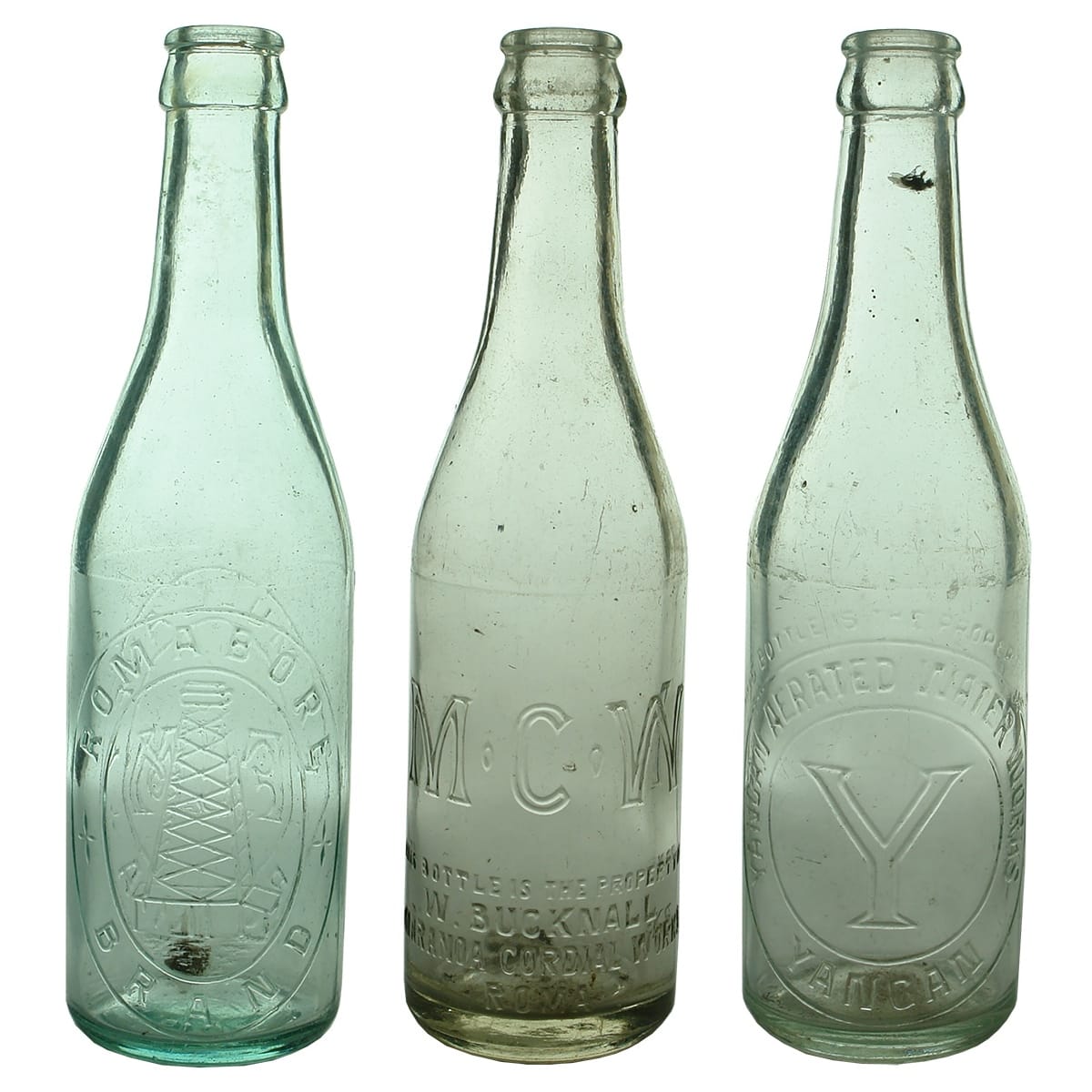 3 10 oz Crown Seals: F. J. Mullavey, Roma; W. Bucknall, Maranoa Cordial Works, Roma; Yangan Aerated Water Works. (Queensland)