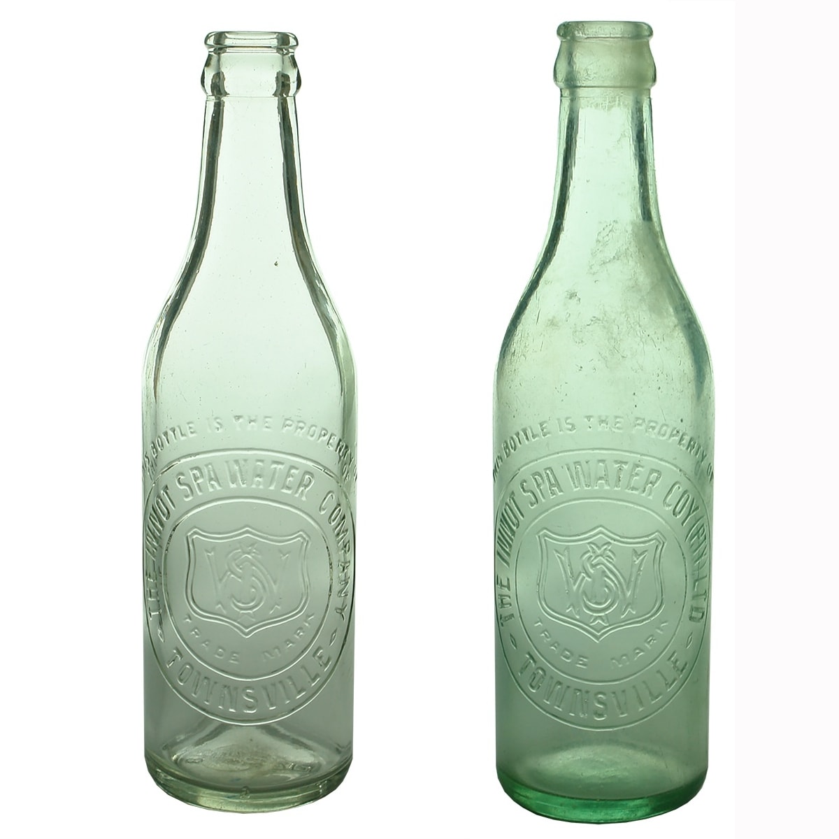 2 Crown Seals. The Innot Spa Water Company and the Innot Spa Water Co Pty Ltd, Townsville. Clear & Aqua. 10 oz. (Queensland)