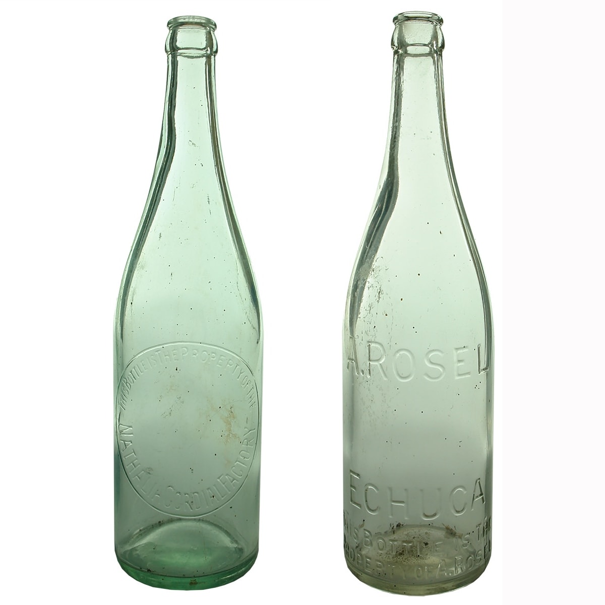 2 Crown Seals: Nathalia Cordial Factory; A. Rosel, Echuca. Aqua & Clear. 26 oz. (Victoria)