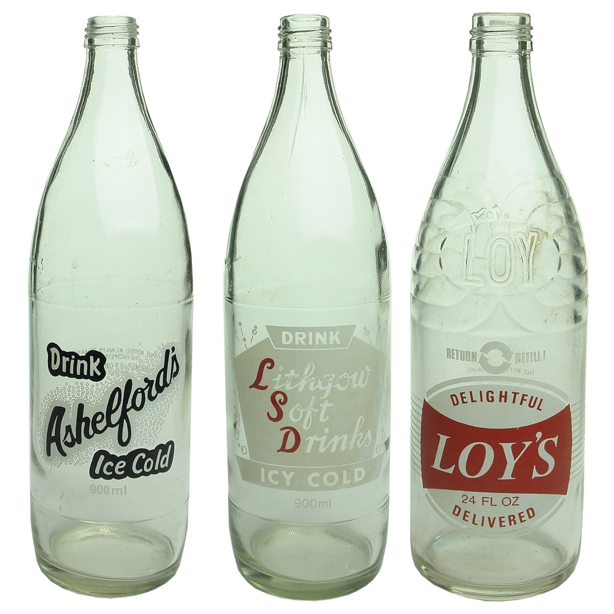 3 Ceramic Label Screw Top Aerated Waters: Ashelford's, N & F. Ashelford, Bathurst; Lithgow Soft Drinks; Loy's, Tesco Bottle Co. Pty. Ltd.