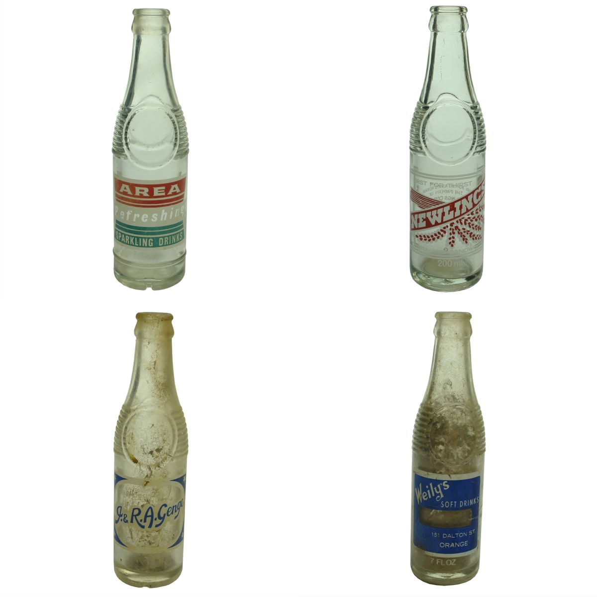4 "Bullet" type Ceramic Label Crown Seals: Area Sparkling Drinks, Leeton Cordial Co; Newlings Cordials, Cowra & Canowindra; J. & R. A. Genge, Forbes; Weily's Soft Drinks, Orange. (New South Wales)