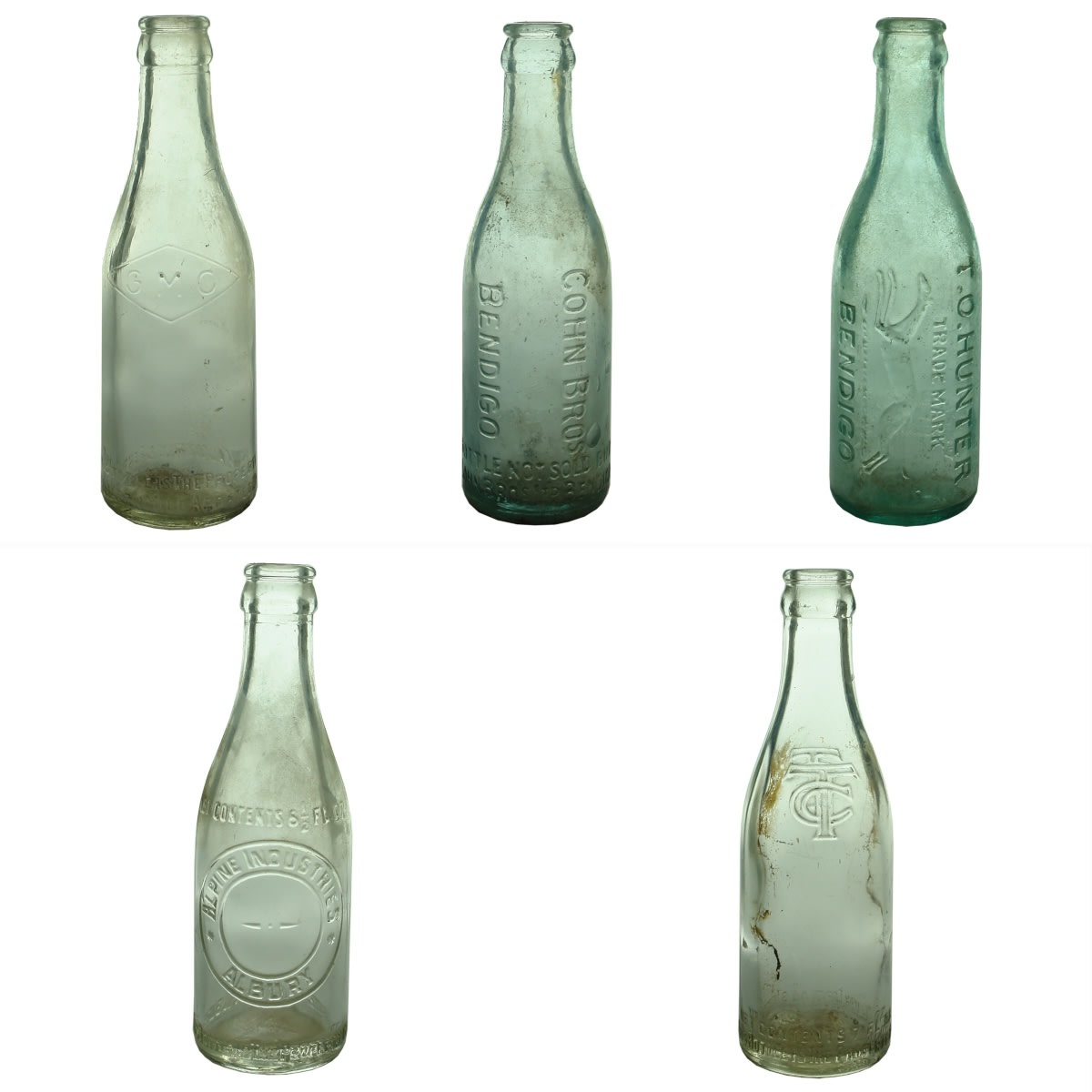 5 small Crown Seals: Golden Mile Aerated Waters Kalgoorlie; Cohn Bros Bendigo; T. O. Hunter Bendigo; Alpine Industries Albury; Tocumwal Cordials.