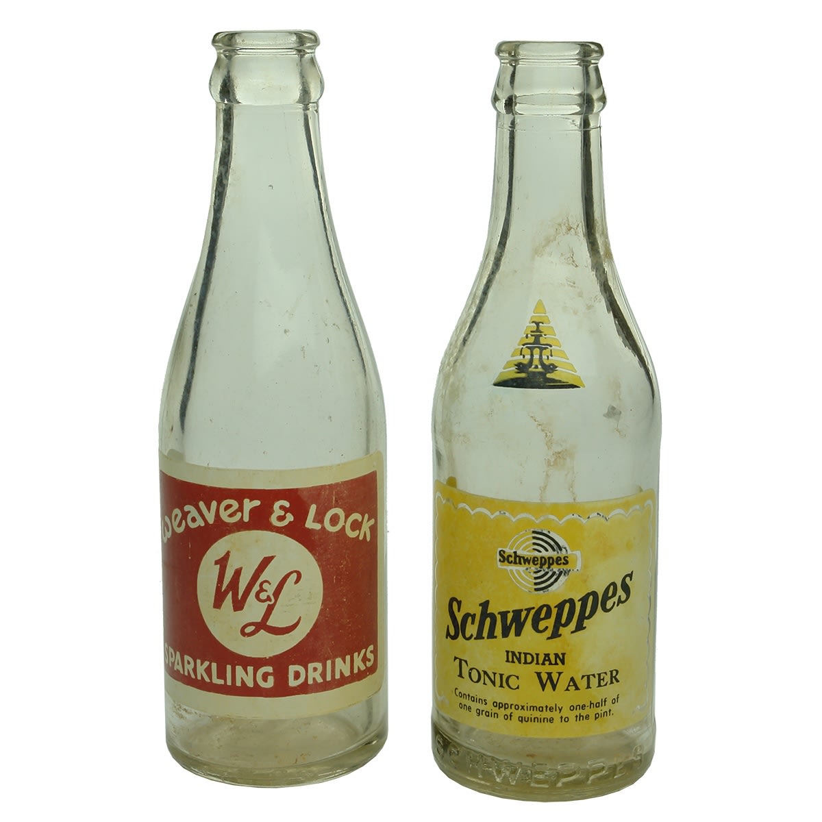 Ceramic Label Crown Seals: 1. Weaver & Lock, Perth. Red and White Print. 6 oz. 2. Schweppes Indian Tonic Water. Yellow and Black Print. 6 oz. (Western Australia)