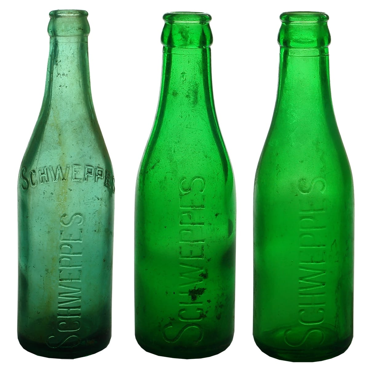 3 Schweppes Crown Seals. Varying shades of Green. 10 & 6 oz.