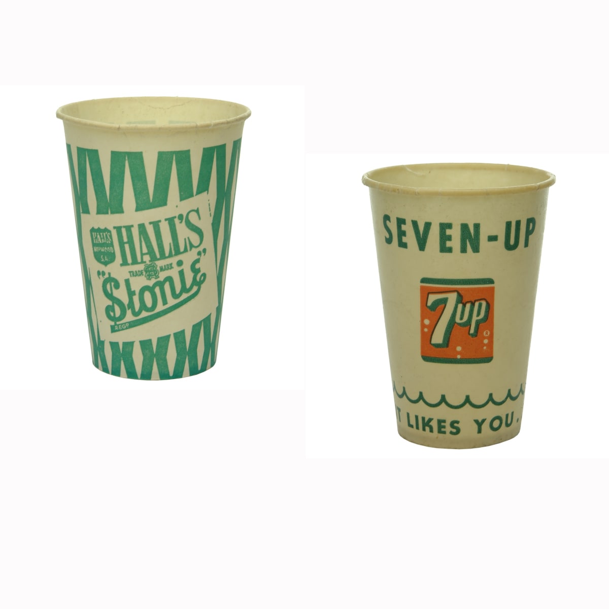 2 Wax Cups. Hall's Stonie, Norwood, Refreshing Fruit Juice Cordial. (South Australia) & Seven-Up. It Likes You. You Like It.