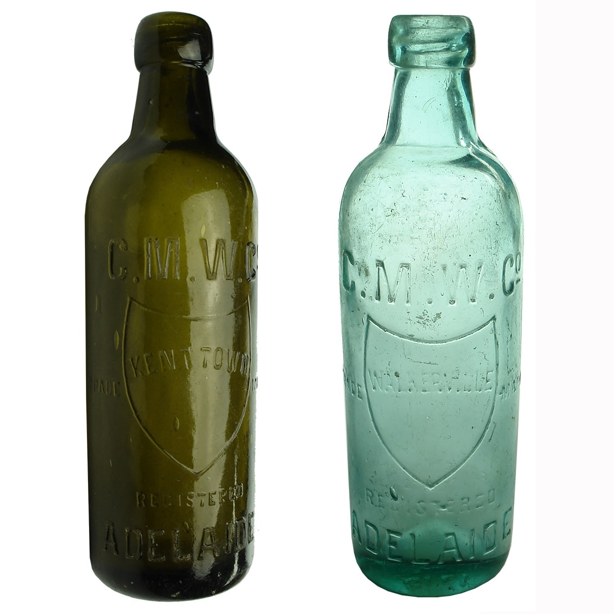 2 Internal Threads from C. M. W. Co. Adelaide. Green Kent Town; Aqua Walkerville. Co-operative Mineral Water Co Ltd. (South Australia)
