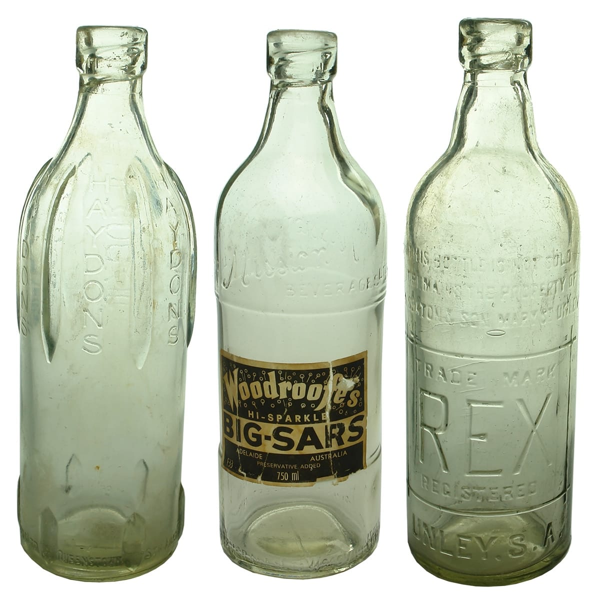 3 machine Top Internal Threads: Haydons, Queenstown; Mission Beverages Ltd, Woodville Gardens, Woodroofes label; REX, A. Seaton & Son, Unley. (South Australia)