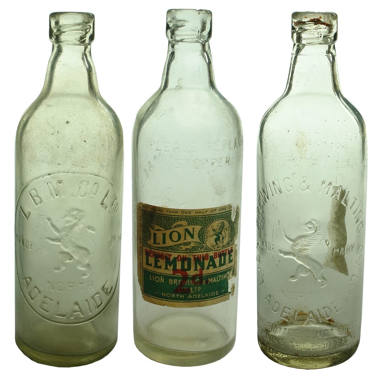 3 Lion Brewing & Malting Co North Adelaide Machine Top Internal Threads. One with Label. (South Australia)