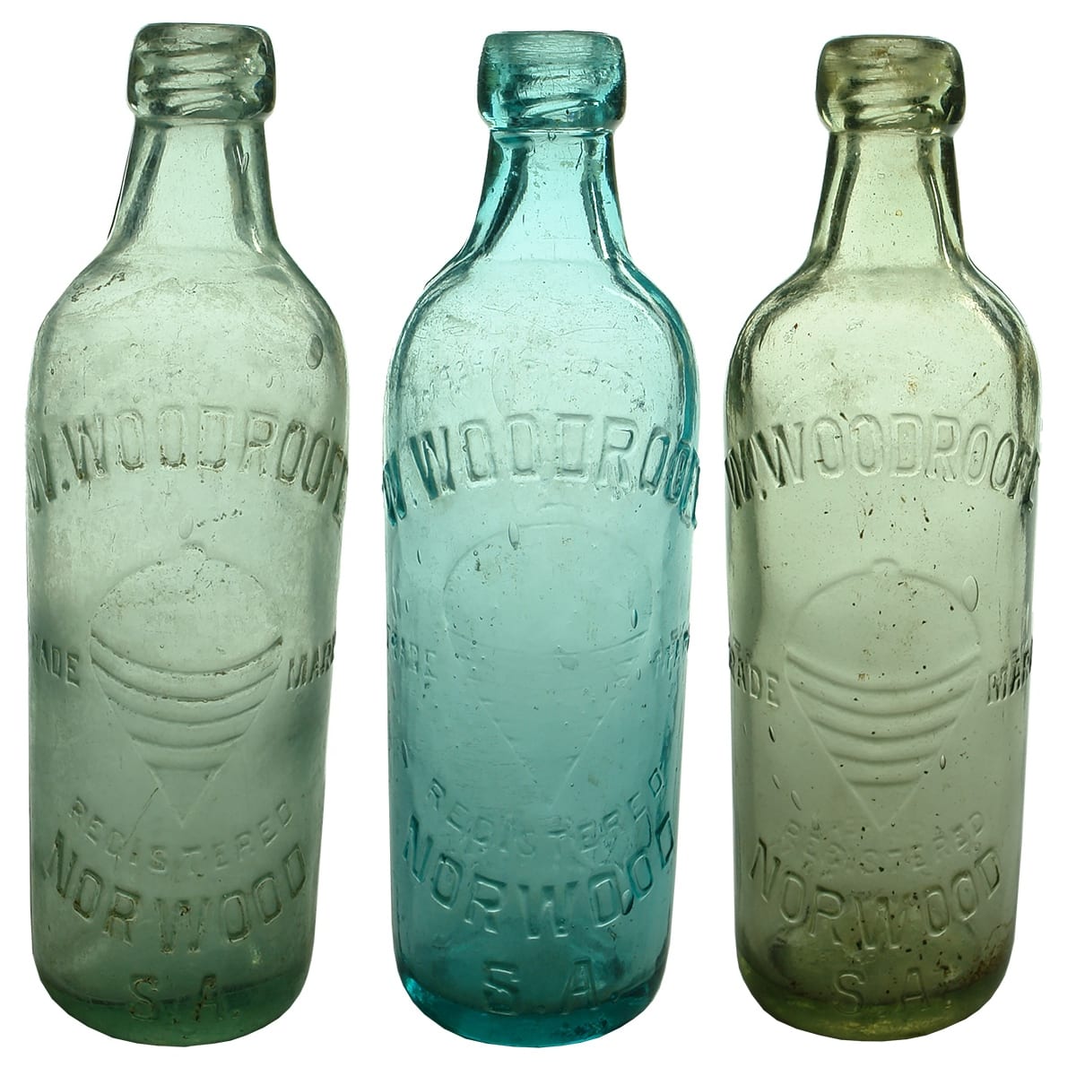 3 different W. Woodroofe, Norwood Internal Threads. Aqua, Blue Aqua & Straw coloured. 26 oz. (South Australia)