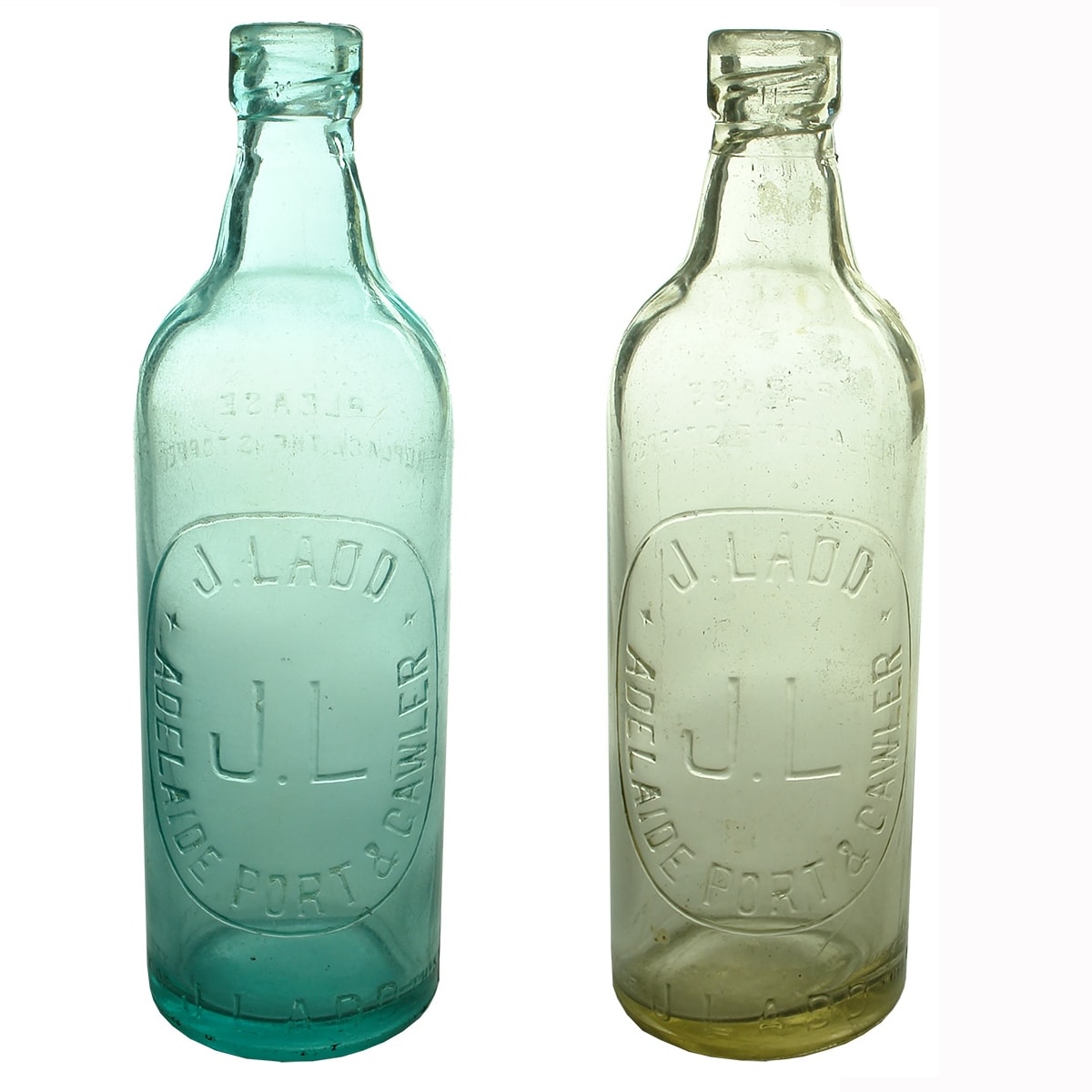2 Machine Top J. Ladd Internal Threads. Adelaide Port & Gawler. Blue Aqua & Clear. 26 oz. (South Australia)