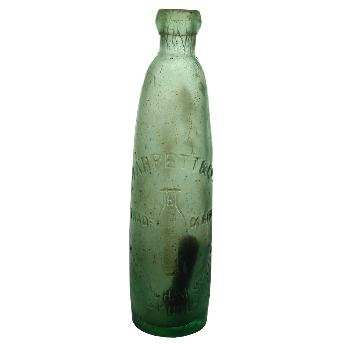Stick Patent Bottle. Hogben & Barretts. Barrett & Co., Buckingham Street, Sydney. Aqua. 10 oz. (New South Wales)