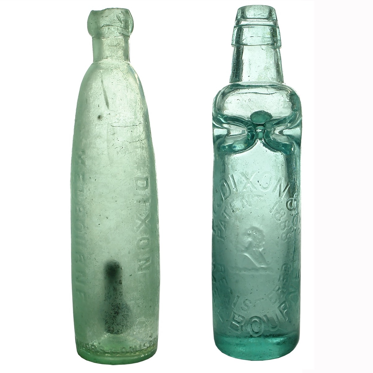 2 P. G. Dixon Melbourne Bottles: Dixon Melbourne stick bottle; P. G. Dixon & Co Scotts Patent Codd bottle. (Victoria)