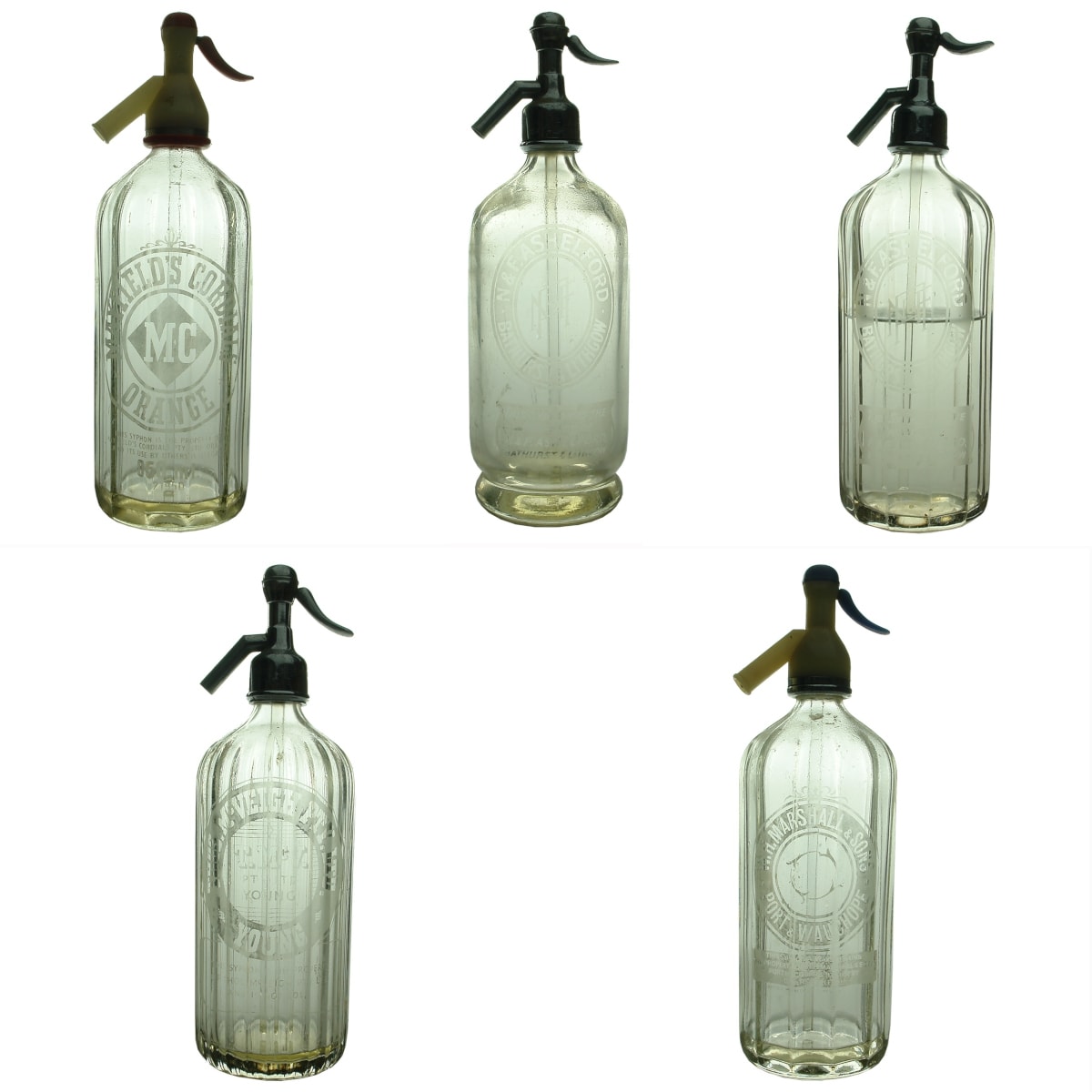 5 Soda Syphons: Mayfields Orange; 2 x Ashelford Bathurst & Lithgow; McVeigh Young; Marshall & Sons, Port Macquarie & Wauchope. (New South Wales)