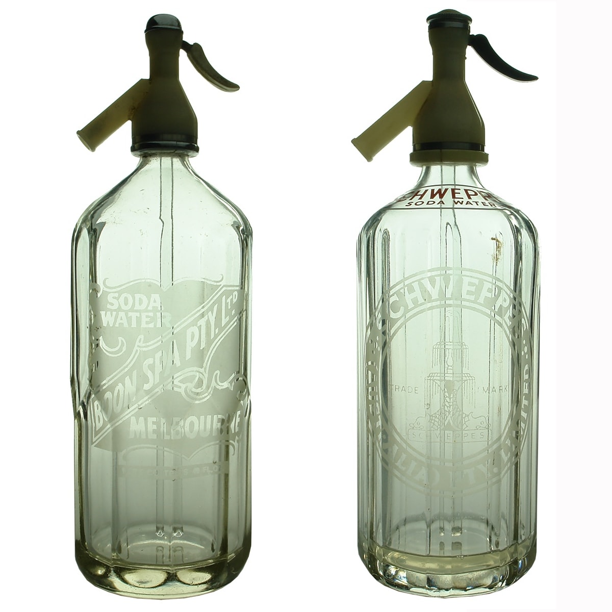 2 Soda Syphons: Boon Spa Pty Ltd Melbourne, 40 oz; Schweppes (Australia) Pty Ltd. 30 oz.