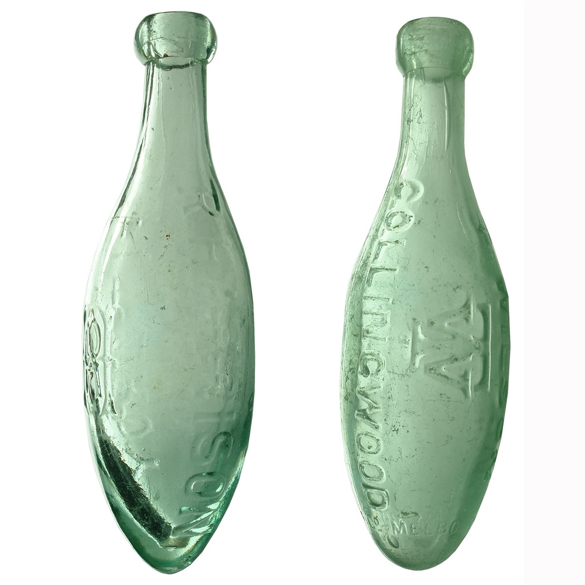 2 Torpedos: R. Harrison, Fitzroy. Cannington Shaw variety; T. Wilson, Collingwood. Melbourne Glass Works. And has an S deliberately picked into the back. (Victoria)