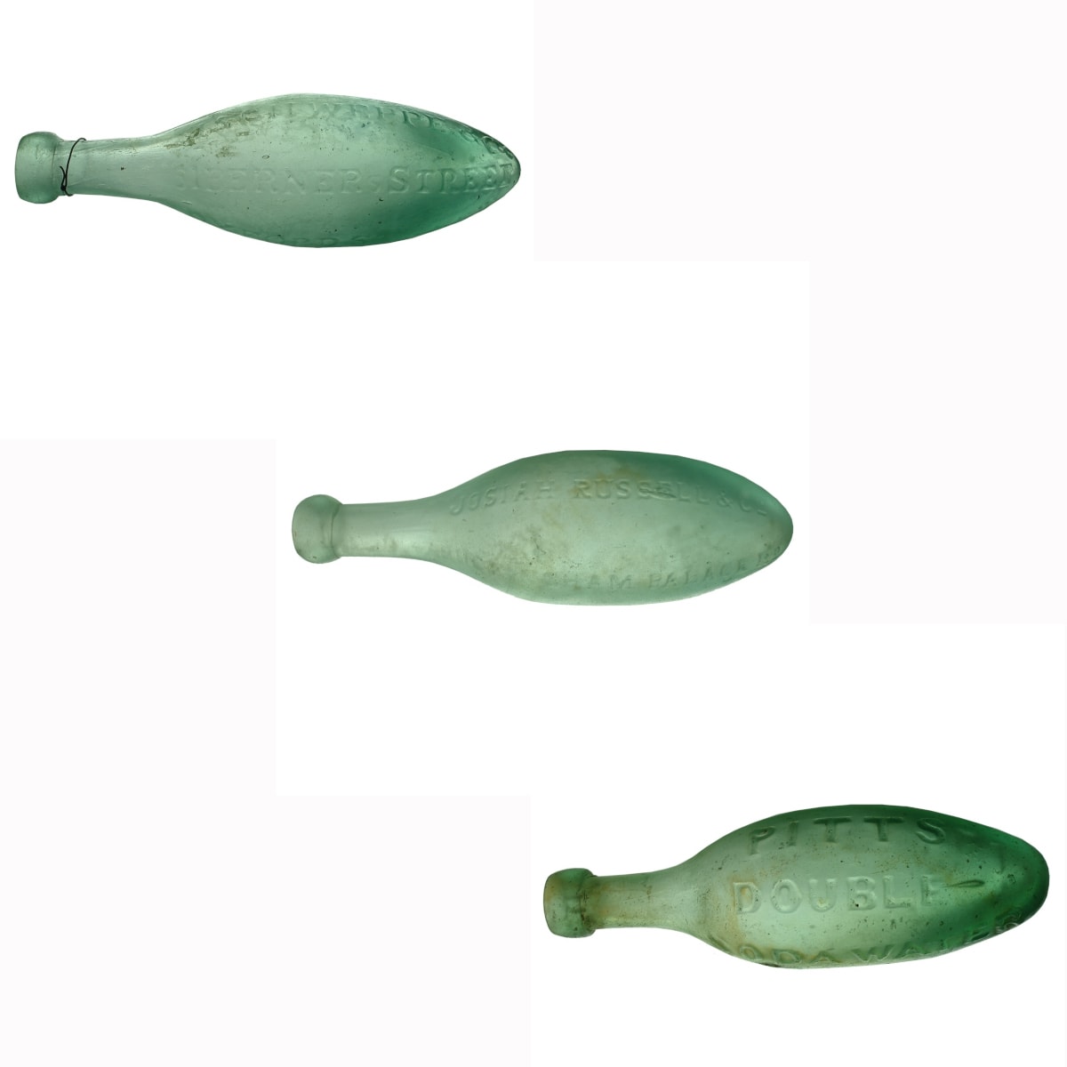 3 Early Torpedos. J. Schweppes & Co, Berners St, Oxford St; Josiah Russell & Co., Buckingham Palace Rd; Pitt's Double Soda Water, Wharf Road, City Road, London.