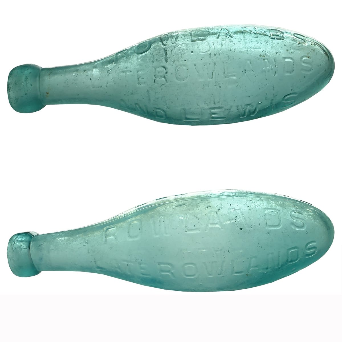 2 Torpedos. Both Rowlands late Rowlands and Lewis, Ballarat and Melbourne. Non pictorial. Aqua. 10 oz. (Victoria)