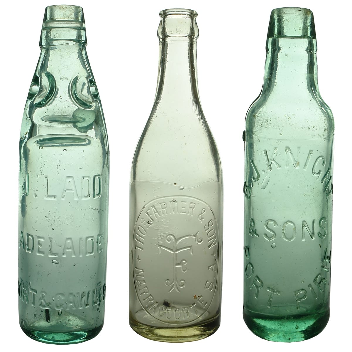 3 Aerated Waters: J. Ladd Adelaide Port & Gawler Codd; Thos Farmer & Son Naracoorte Crown Seal; B. J. Knight & Sons Port Pirie Lamont. (Kingsley Durdin Collection) (South Australia)