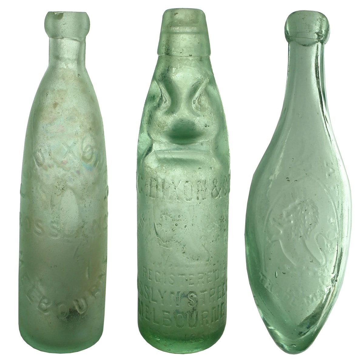 3 P. G. Dixon Rosslyn Street, Melbourne Bottles: Stick Bottle; Niagara 10 oz Codd with Lion; Torpedo with Lion in Arch. (Victoria)