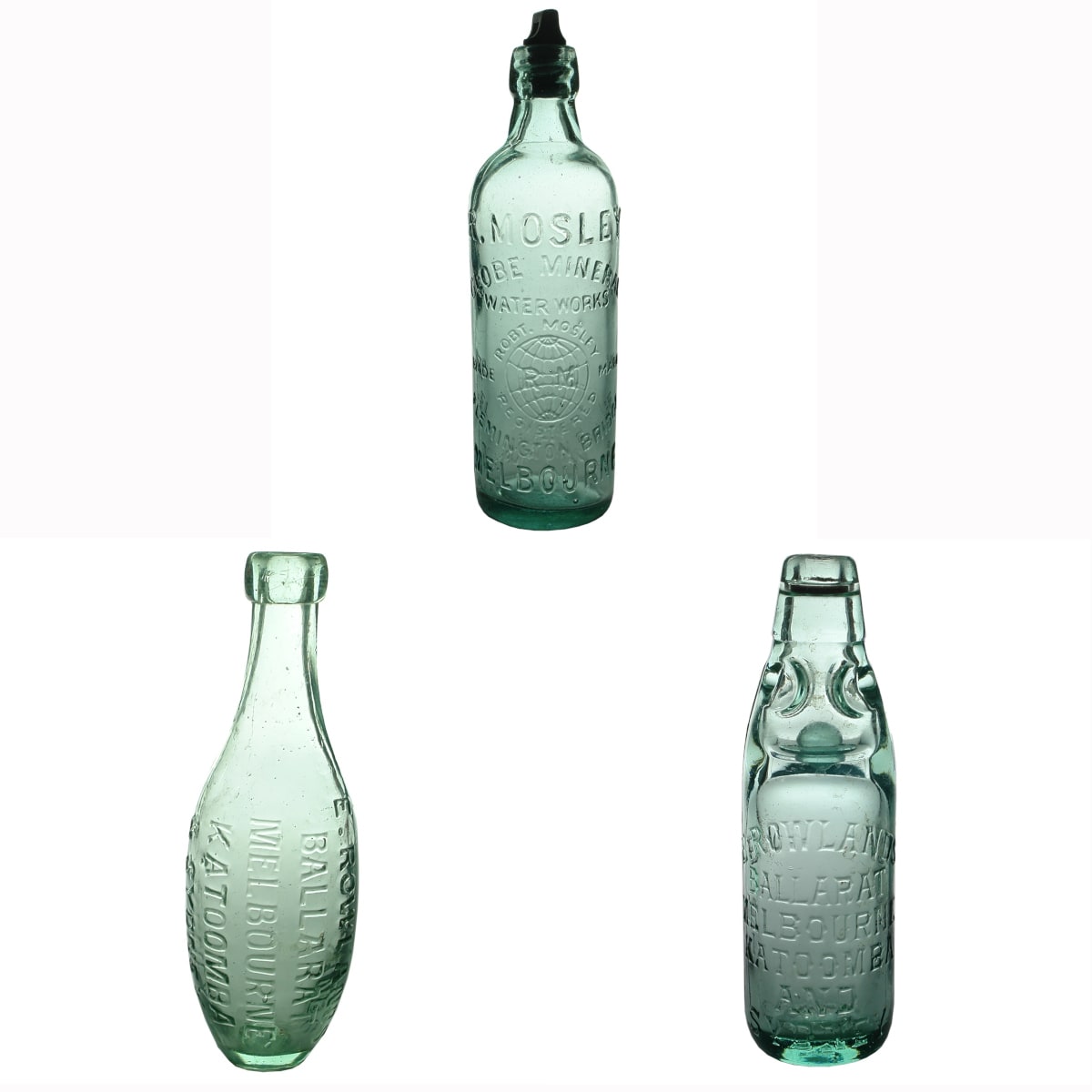 3 Aerated Waters: R. Mosley Melbourne Internal Thread; E. Rowlands Blob top skittle; E. Rowland 6 oz Codd.