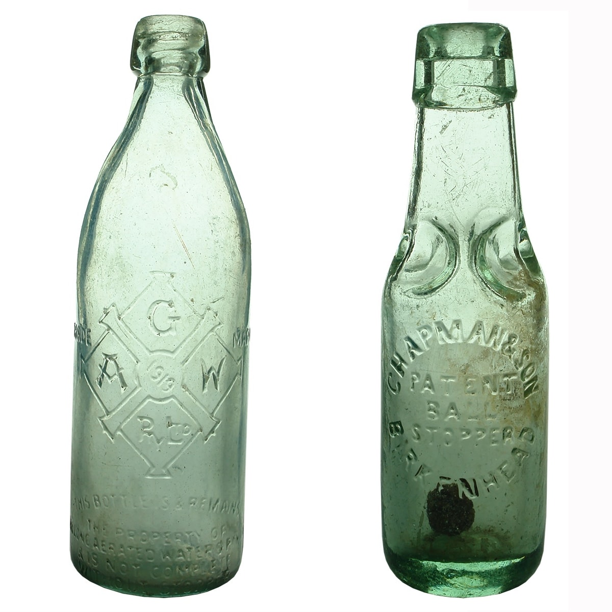 2 Aerated Waters: Geelong Aerated Waters Internal Thread; Chapman & Son Patent Ball Stopper.