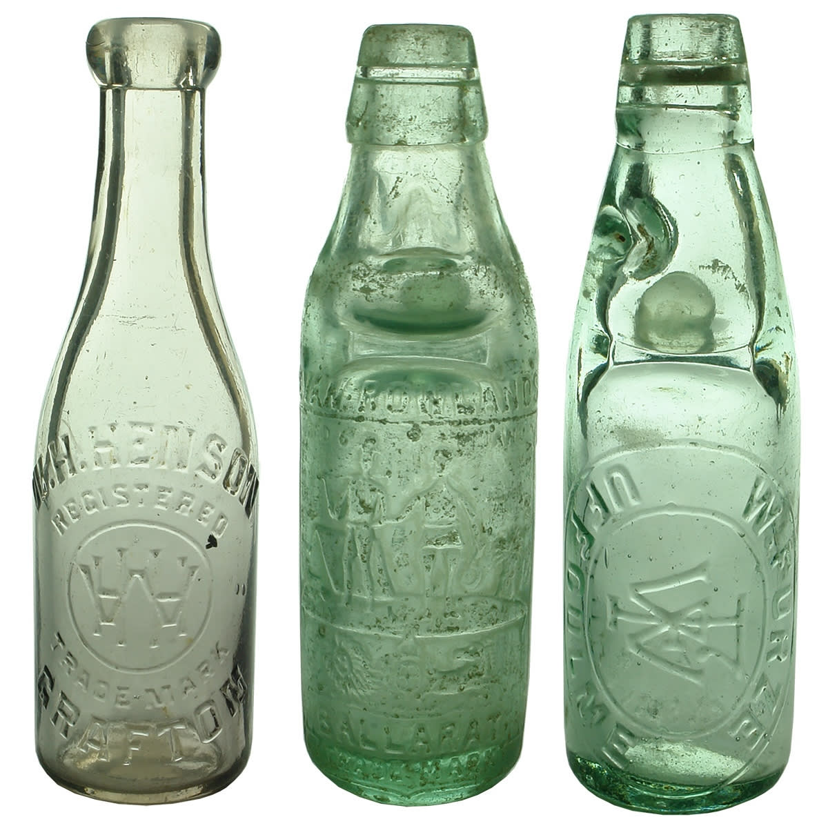 3 Small Aerated Waters: W. H. Henson, Grafton blob top; Rowlands, Miner & Farmer, Ballarat, Melbourne and Sydney Codd; W. Furze, Uffculme Cood.