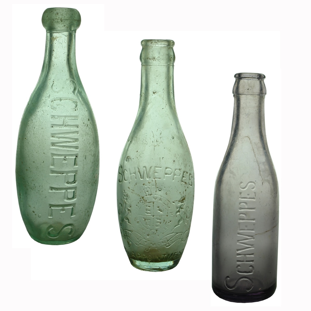 3 Schweppes Bottles: 10 oz Blob Top Skittle; 6 oz Crown Seal Skittle with Coat of Arms; 6 oz Amethyst Crown Seal.